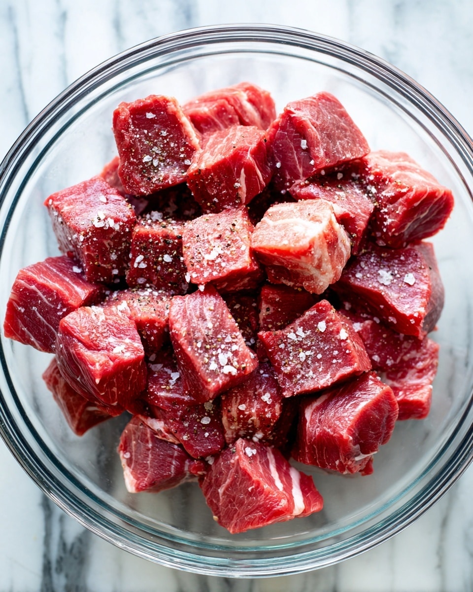 A clear glass bowl is filled with many pieces of raw red meat cut into cubes. The meat pieces show a mix of dark and bright red colors with some white fat streaks. Coarse salt and black pepper are sprinkled evenly over the meat cubes. The bowl sits on a white marbled surface. photo taken with an iphone --ar 4:5 --v 7