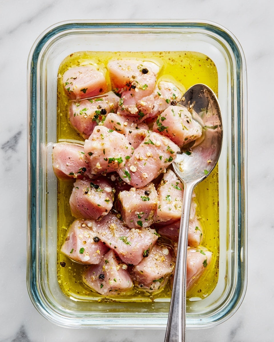 A clear rectangular glass dish filled with uneven pieces of light pink raw chicken mixed with small green herb leaves and tiny black pepper specks, all coated with a shiny yellow layer of oil. A silver spoon rests on the right side inside the dish, partially submerged in the chicken. The dish is on a white marbled surface. photo taken with an iphone --ar 4:5 --v 7