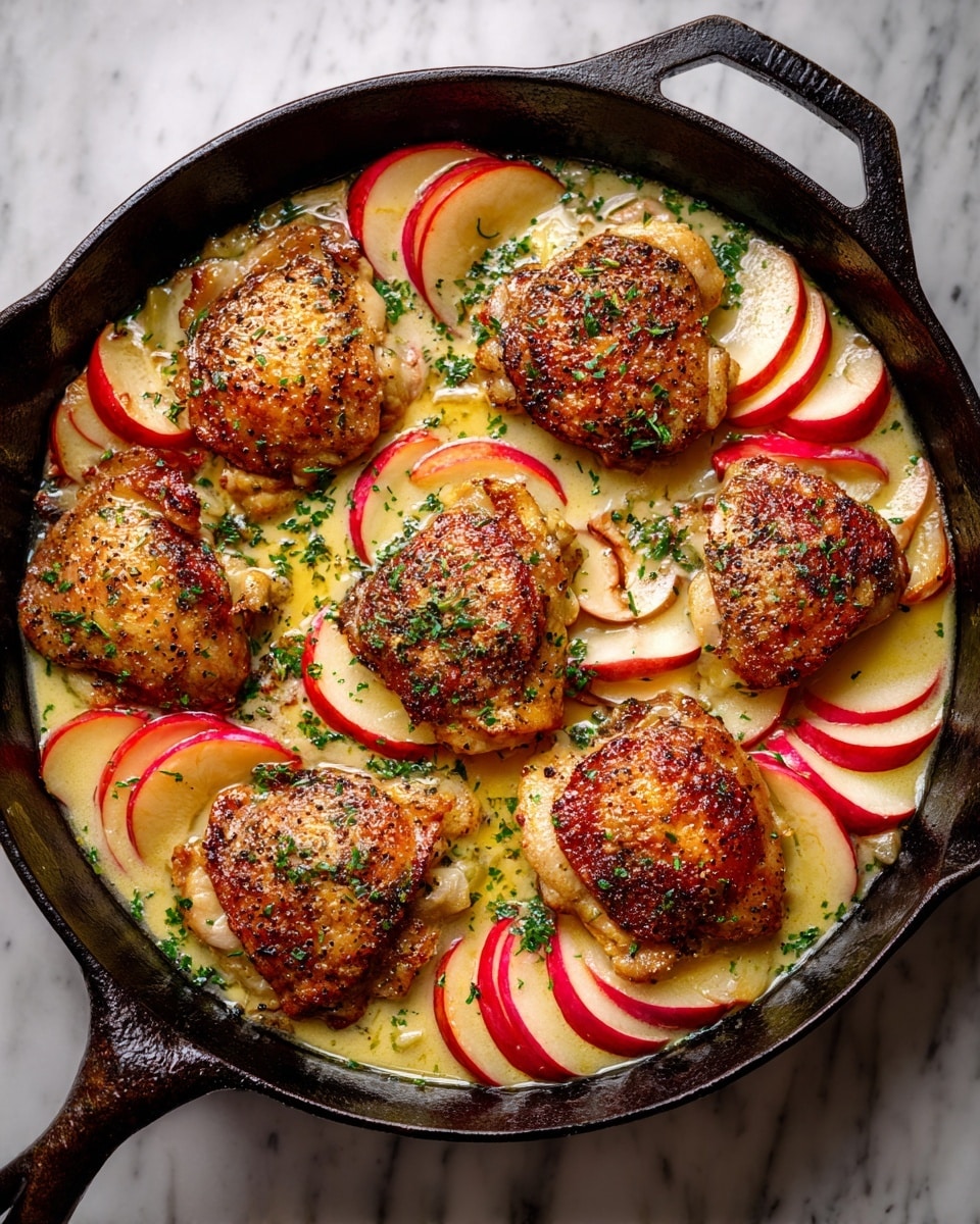 A cast iron pan shows four cooking stages: first, five golden brown chicken thighs with crispy skin and black pepper on top are spread evenly. Next, many thin, red-skinned apple slices cover the pan, stacked loosely. Then, those apple slices are shown cooking in a light golden liquid filling the pan about halfway. Lastly, the chicken thighs return to the pan on top of apple slices, garnished with fresh green herbs, creating a warm mix of colors and textures. The whole scene is set on a white marbled surface. Photo taken with an iphone --ar 4:5 --v 7