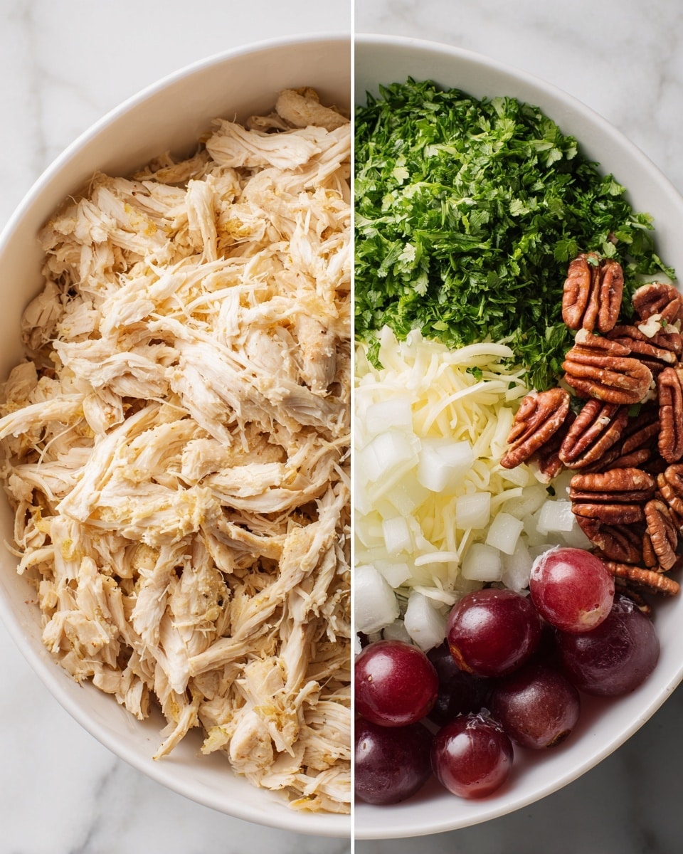 The left side shows a close-up of shredded light beige cooked chicken with stringy texture filling the frame, placed inside a white bowl on a white marbled surface. The right side shows a white bowl on a white marbled surface filled with five distinct layers: small chopped green parsley on the top left, greenish-yellow thin shredded cheese on the top right, pecan nuts with brown ridged texture on the left center, finely chopped white onion on the bottom left, and halved red grapes with shiny skin on the bottom right. Photo taken with an iphone --ar 4:5 --v 7