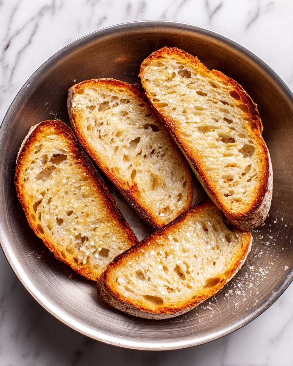 Four slices of toasted bread are placed separately inside a round silver pan. Each slice has a light golden brown color with some darker toasted spots, showing a crispy texture on top. The bread is rustic with small holes in the crumb, and the pan has a slightly worn surface with a shiny center and a duller rim. The background shows a white marbled texture. photo taken with an iphone --ar 4:5 --v 7
