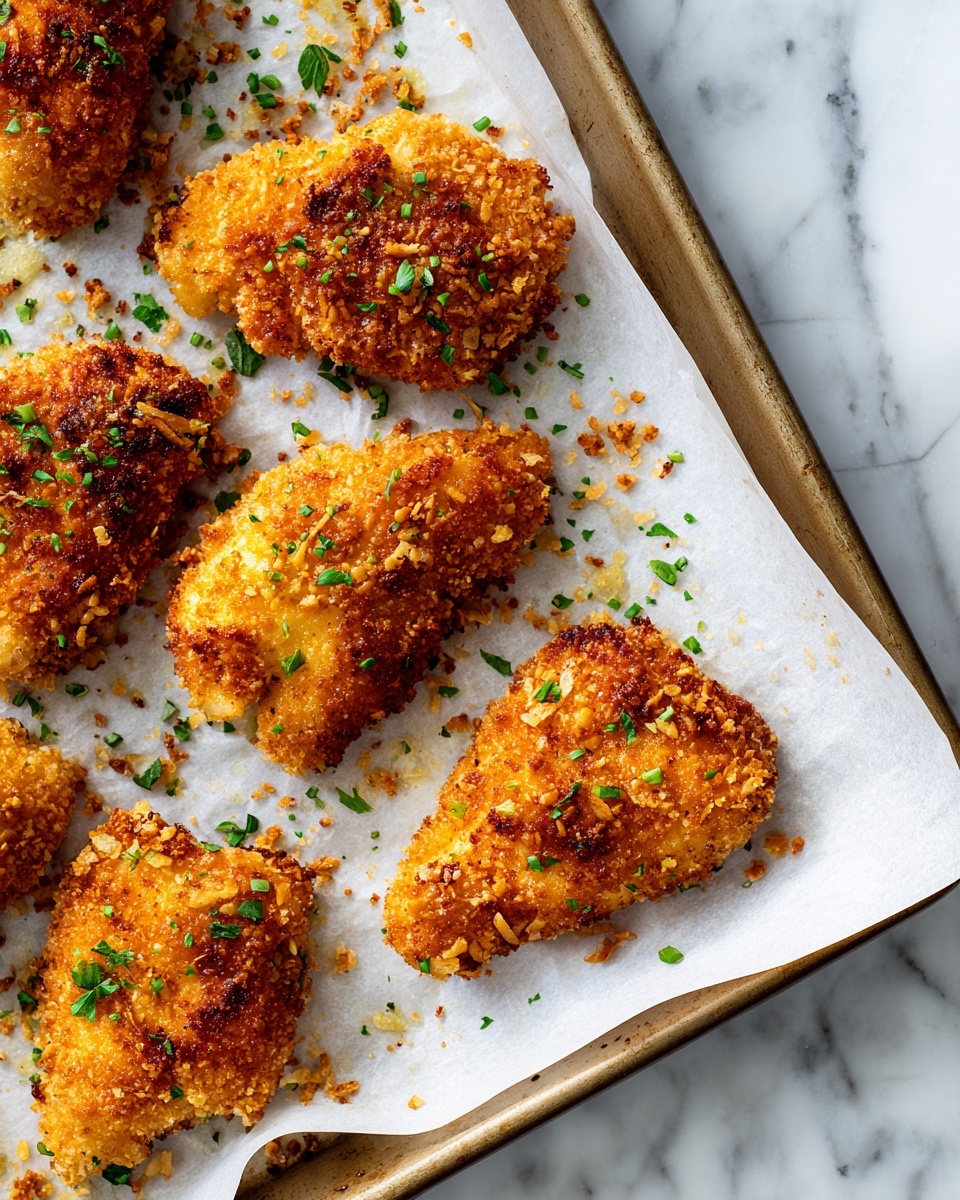 Several golden brown breaded chicken pieces are placed on a baking tray lined with white parchment paper, sprinkled with small green herb bits. The chicken pieces have a crispy texture with some darker brown spots, showing a crunchy crust. The baking tray sits on a white marbled surface, and scattered crumbs surround the chicken pieces, adding to the visual texture. photo taken with an iphone --ar 4:5 --v 7
