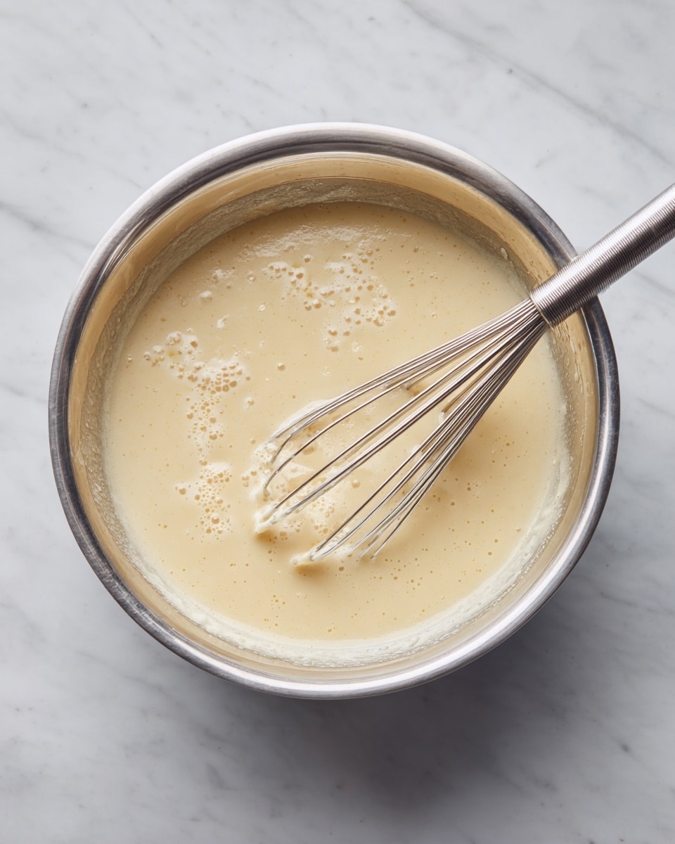 A close-up image shows a shiny metal bowl on a white marbled surface filled with a smooth, light beige batter with some small lumps and bubbles on top, being mixed with two thin metal whisks that are partially submerged in the batter. The light reflects softly on the glossy surface of the batter and the metal bowl, creating a clean and fresh look. Photo taken with an iphone --ar 4:5 --v 7