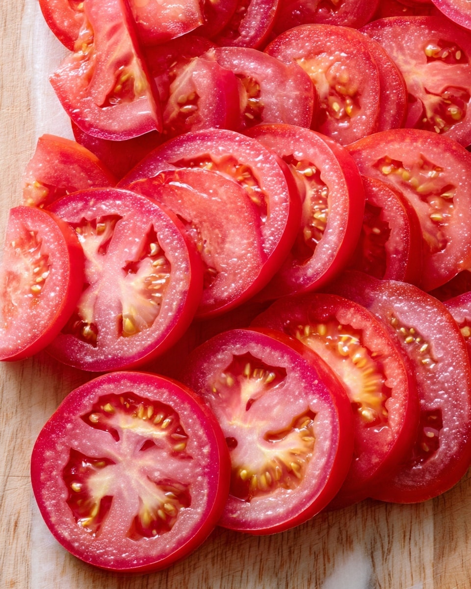 The image shows multiple thin slices of fresh red tomatoes arranged in overlapping rows on a wooden surface. The slices reveal the texture inside with visible seeds and juicy flesh, each slice showing a vibrant red color with slight hints of yellow near the center. The tomatoes are laid out in a neat, cascading pattern, filling most of the frame. The background is a white marbled texture. photo taken with an iphone --ar 4:5 --v 7