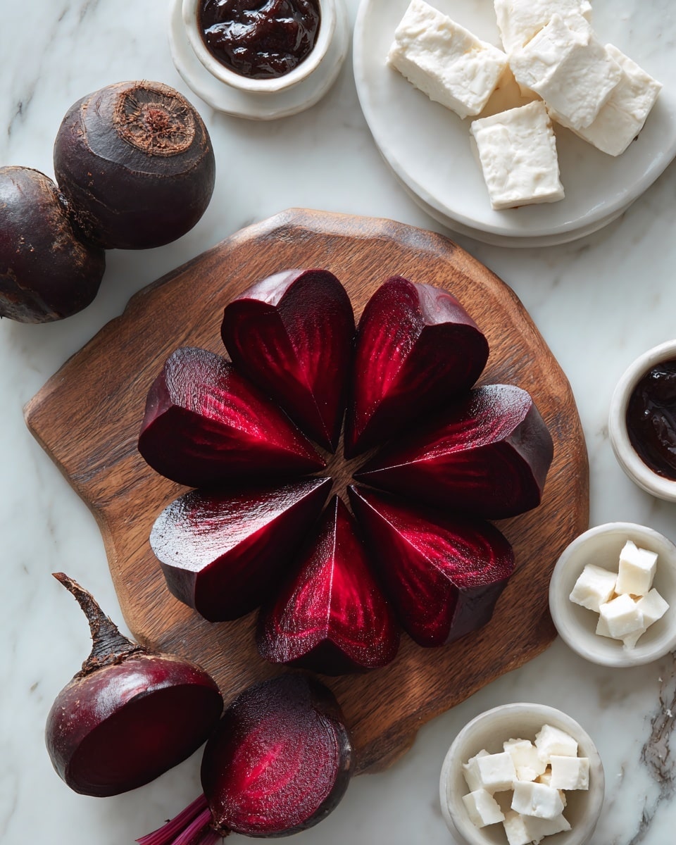 A wooden board holds a deep red beet, peeled and cut into eight wedge-shaped slices arranged like a flower with pointed tips facing outward; two whole, peeled beets rest nearby on the board. Around the board, there are white plates and small white dishes with cubed white cheese and dark brown sauce or chutney, all placed on a white marbled surface. Photo taken with an iphone --ar 4:5 --v 7