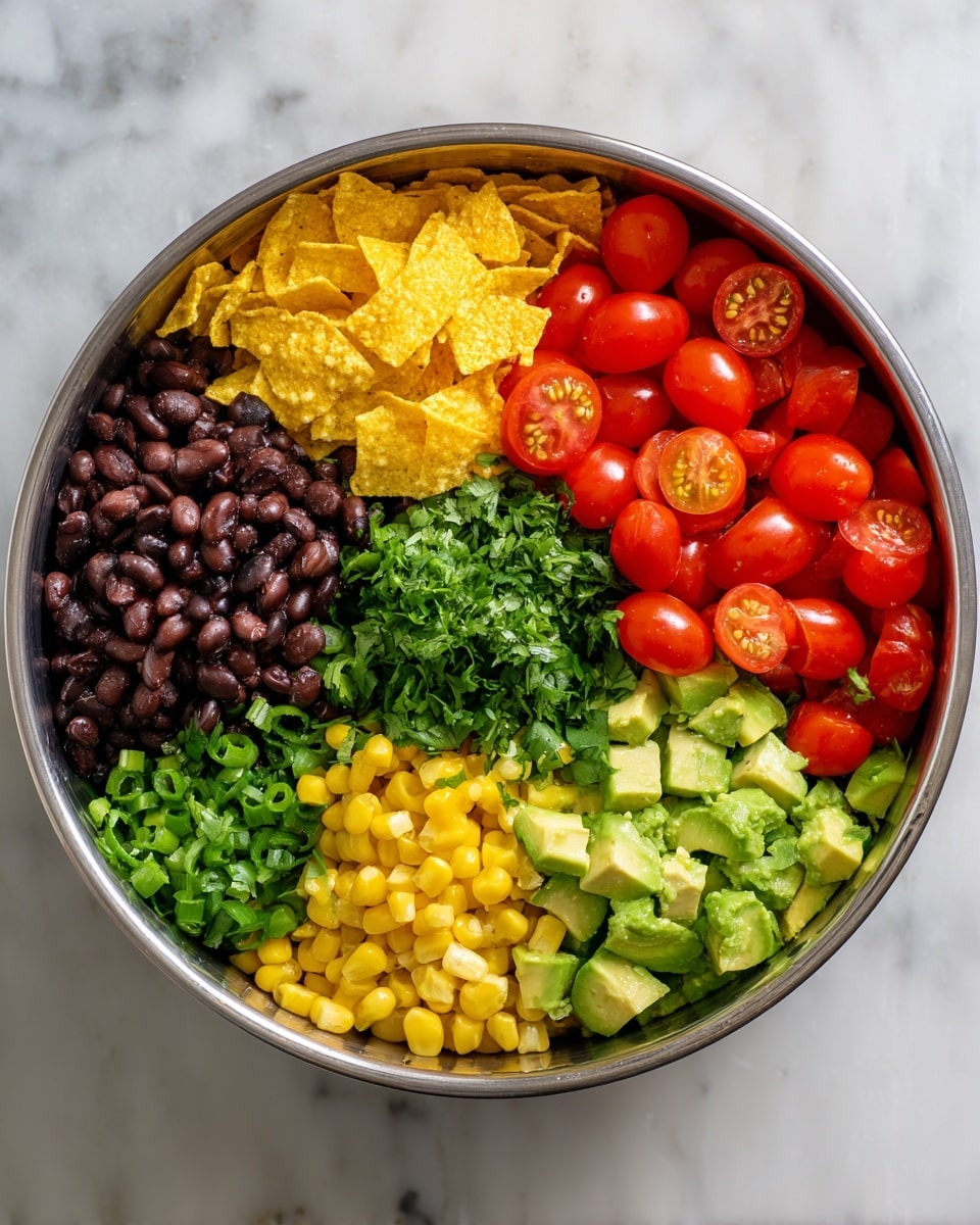 The image shows a round shiny metal bowl filled with six different fresh ingredients arranged in clear sections, all resting on a white marbled surface. Starting from the top and going clockwise, there are yellow broken tortilla chips with a rough texture, red halved cherry tomatoes with a juicy and shiny look, dark brown black beans with a smooth texture, light green chopped spring onions, bright yellow sweet corn, and light green chunky avocado pieces next to fresh chopped green cilantro leaves. The ingredients are layered neatly side by side with no mixing, showing a colorful and fresh variety. Photo taken with an iphone --ar 4:5 --v 7