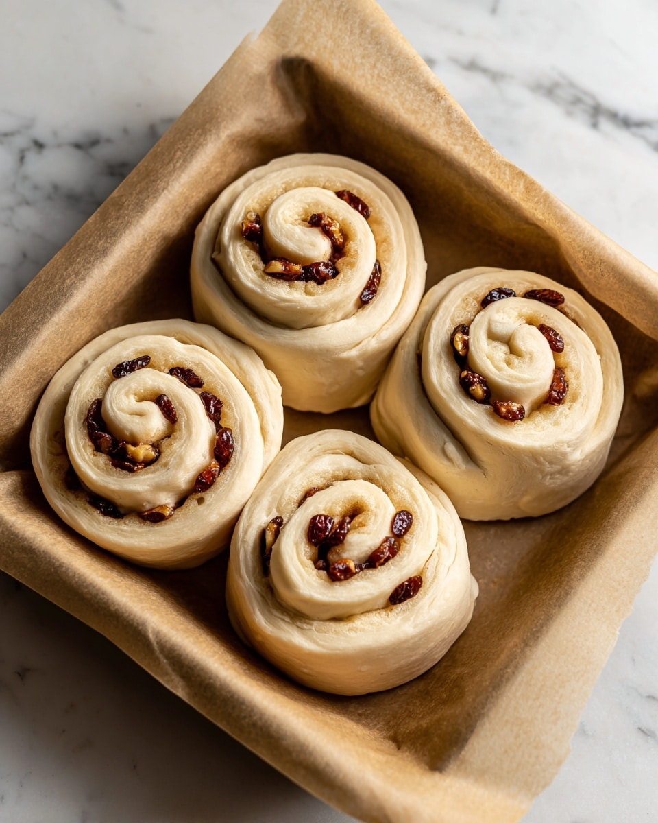 The image shows four unbaked cinnamon rolls on a tray lined with brown parchment paper placed on a white marbled surface. Each cinnamon roll consists of one thick spiral layer of light beige dough rolled tightly around a filling of small pieces of dark brown raisins or nuts. The dough has a smooth and soft texture with a slight shine, and the filling is evenly spaced inside the spiral. The rolls have a slightly uneven, handmade shape, and the tray is set at an angle in the photo. Photo taken with an iphone --ar 4:5 --v 7
