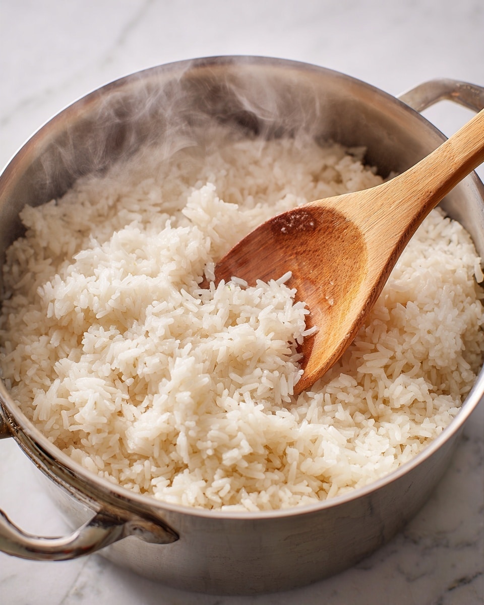 A close-up of a pot filled with fluffy, white cooked rice with visible individual grains. A light wooden spoon is partially resting in the rice, slightly stained from use, stirring the rice gently. The metal pot has a shiny, reflective surface, showing some soft steam rising from the hot rice. The background is a subtle white marbled texture. photo taken with an iphone --ar 4:5 --v 7