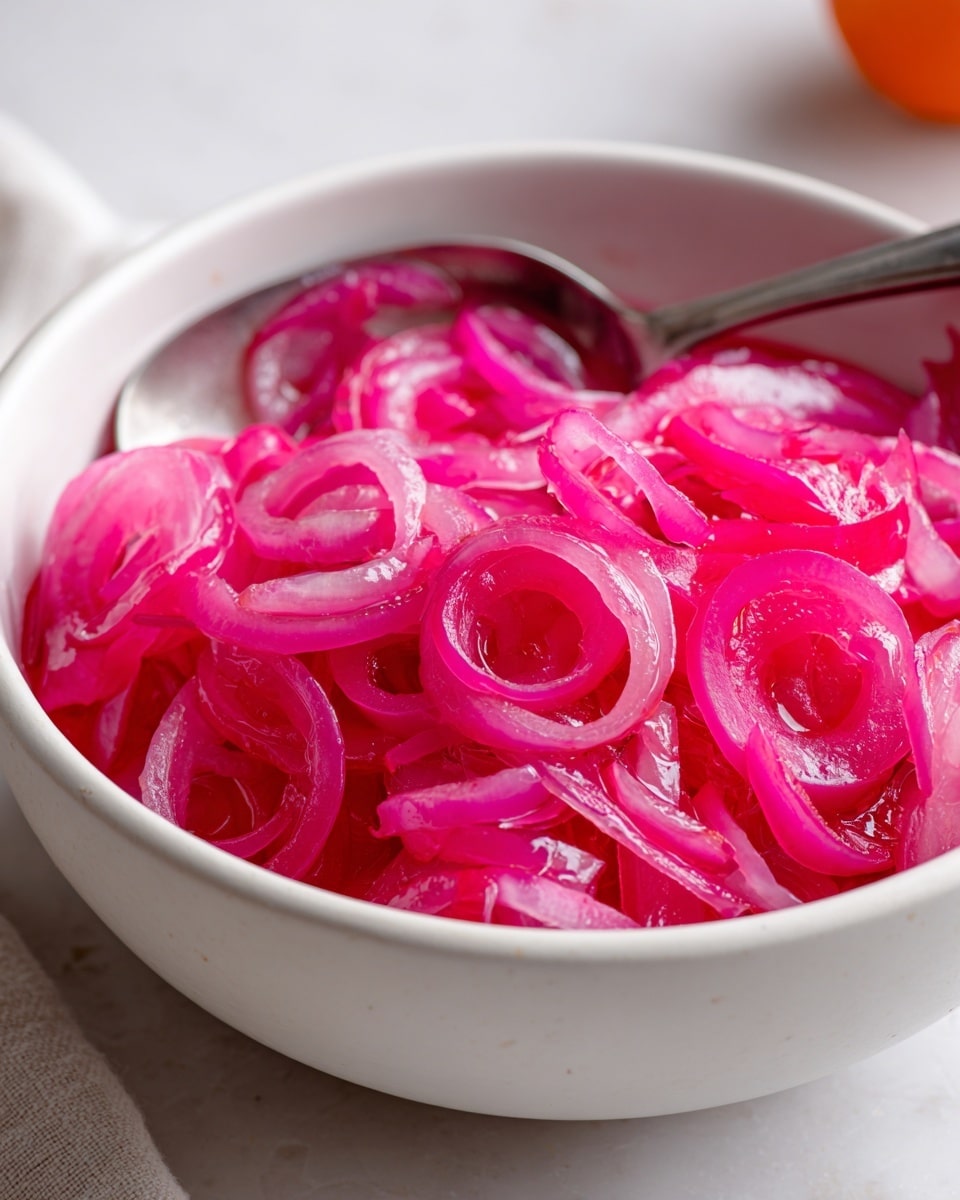 A white bowl filled with thin slices of bright pink and translucent pickled onions, showing a shiny, wet texture. Inside the bowl, a metal spoon rests among the onions. The bowl sits on a white marbled surface with a bit of an orange object blurred in the background. The pickled onions fill most of the bowl, making the pink color stand out against the white bowl photo taken with an iphone --ar 4:5 --v 7