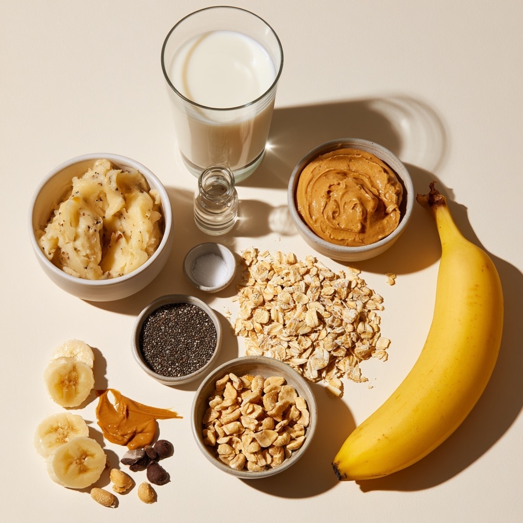 In the image, a white bowl sits on a white marbled surface with six separate ingredients arranged inside. Starting from the top and moving clockwise, there is a scoop of smooth peanut butter in light brown, a pile of fine brown flax seeds, a thick, glossy layer of deep red jelly, a golden brown mixture that looks like brown sugar, a small heap of white shredded coconut with a sprinkle of cinnamon on top, and some light beige rolled oats. To the right of the bowl is a wooden spoon resting on the surface. The scene is lit with soft natural light, making the colors and textures clear and distinct. Photo taken with an iphone --ar 4:5 --v 7