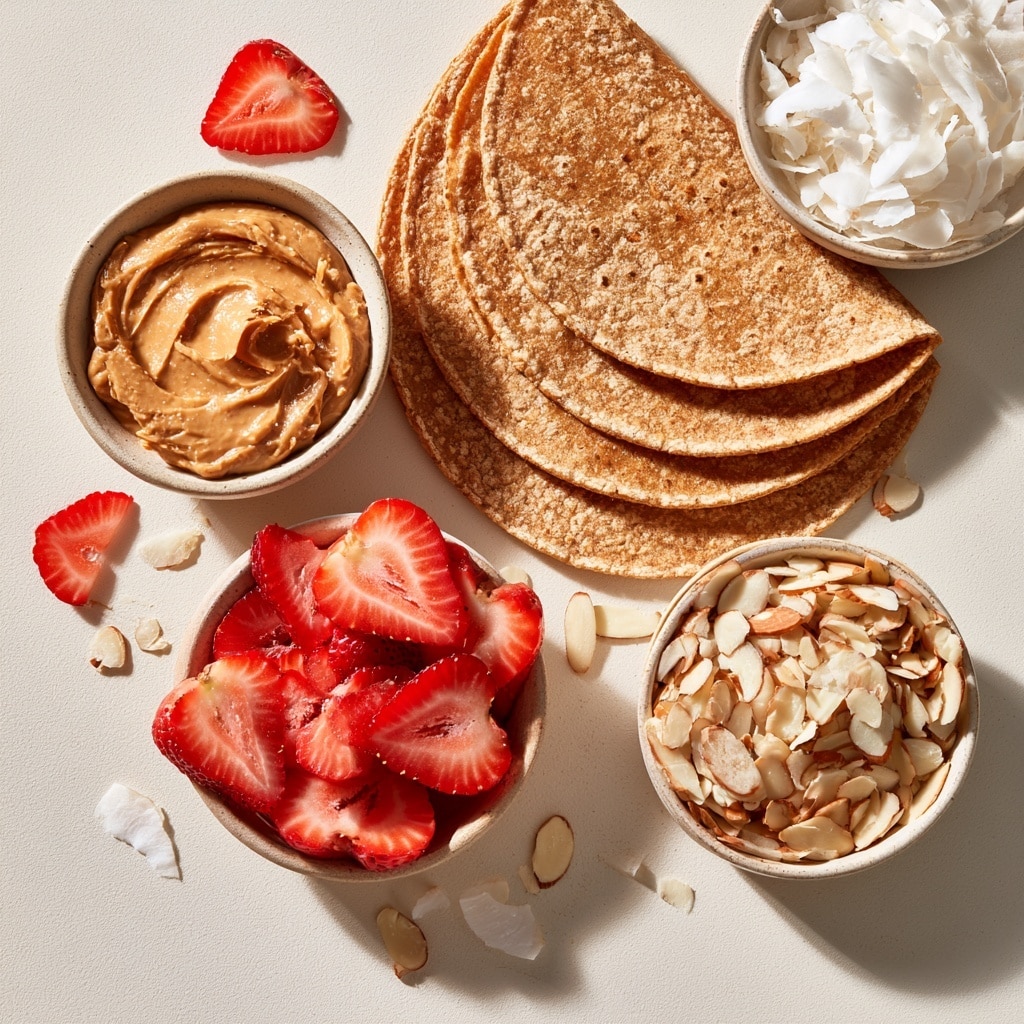 A white plate holds a round tortilla with two main layers. The bottom layer is smooth light brown peanut butter spread evenly but with visible small swirls and texture. On the top half of the tortilla, there is a layer of sliced red strawberries arranged in a single layer. Scattered over the strawberries are thin, off-white almond flakes adding texture. The plate sits on a white marbled surface. photo taken with an iphone --ar 4:5 --v 7