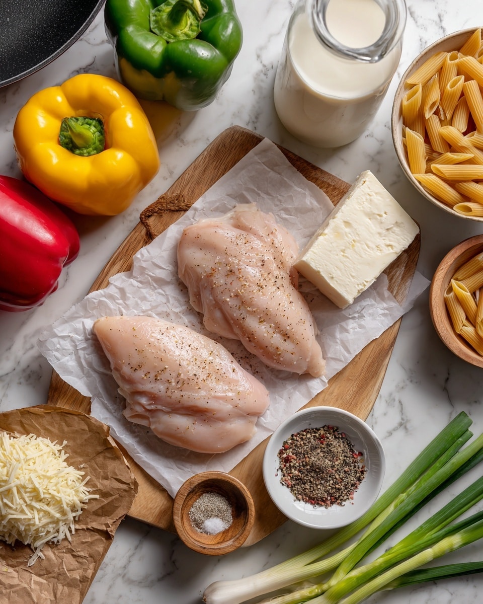 The image shows a wooden board placed on a white marbled surface, holding two pale raw chicken pieces on white parchment paper, a block of white cheese partially sliced with one piece next to it on brown parchment paper, and a small white bowl with three seasonings: salt, black pepper, and a brown spice. Around the board are colorful whole vegetables: a yellow bell pepper to the left, a red bell pepper and a green bell pepper to the right, with white and green scallions extending from the lower right corner. Nearby, there is a small wooden bowl of grated cheese, a clear glass bottle of milk, a glass measuring cup with a creamy liquid, and a white bowl full of uncooked penne pasta. A black frying pan edge is visible in the top left corner. photo taken with an iphone --ar 4:5 --v 7