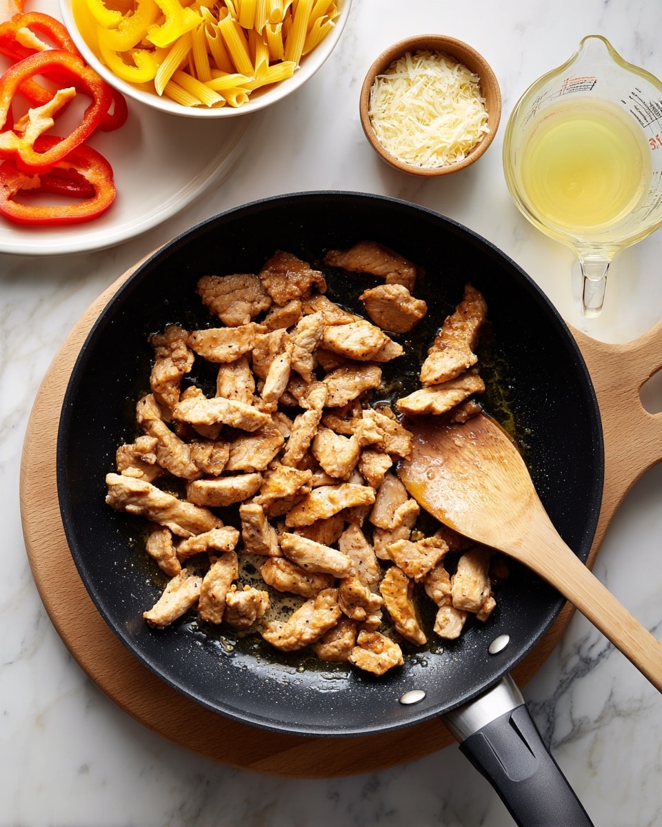 A black frying pan with a black handle sits on a wooden board over a white marbled surface. Inside the pan are many pieces of light brown seasoned chicken strips cooking with some oil glistening around them. A wooden spoon is resting inside the pan, touching some of the chicken. In the background, there is a white bowl filled with dry yellow pasta, a small wooden bowl with grated cheese, and a clear measuring cup with light yellow liquid. A white plate with sliced yellow and red bell peppers is partially visible on the left side. Photo taken with an iphone --ar 4:5 --v 7