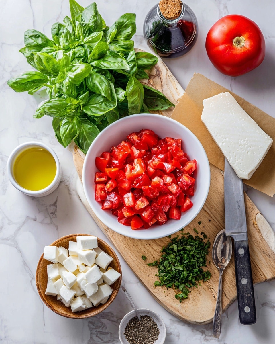 A white bowl filled with small, evenly diced bright red tomatoes sits on the right side of a wooden cutting board placed on a white marbled surface. Below the bowl, there is a pile of finely chopped fresh green basil leaves next to a large stainless steel knife with a black handle, its edge touching the leaves. Near the bottom left corner of the board, a small wooden bowl holds white cubed cheese next to a larger piece of the same cheese resting on brown parchment paper. Above the tomato bowl, a bunch of fresh whole basil leaves spreads outward. To the left, a small white cup contains bright yellow olive oil, and next to it is a dark glass bottle with a cork stopper. A whole red tomato is placed on the white marbled surface near the top right. A small white bowl containing ground black pepper with a small metal spoon is on the bottom right. Photo taken with an iphone --ar 4:5 --v 7