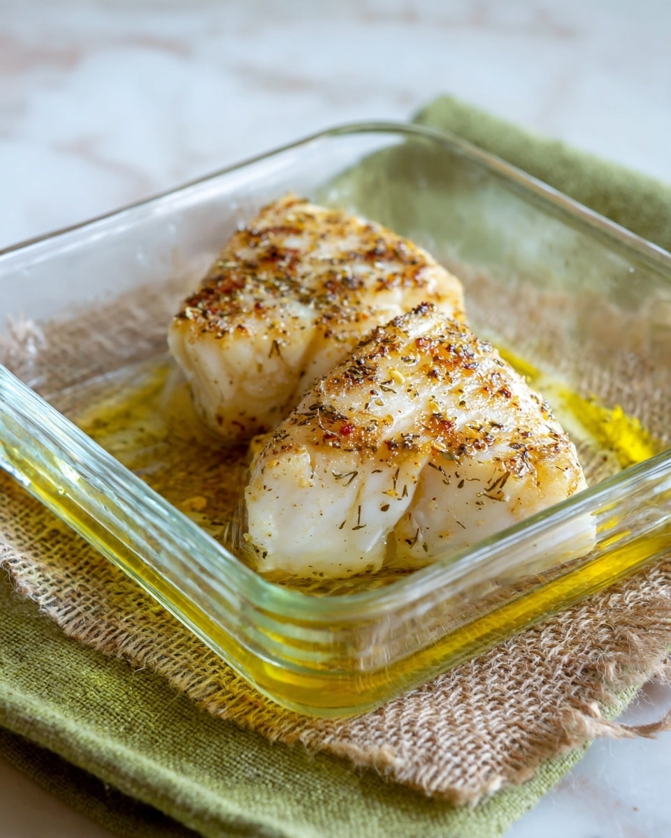 The image shows two triangular pieces of cooked fish in a clear glass square dish. The fish has a golden brown layer of seasoning on top that looks slightly crispy. The pieces are thick and white inside, sitting on a small amount of light golden oil in the dish. The glass dish rests on a textured tan burlap cloth with a green cloth underneath, all placed on a white marbled surface. The fish is positioned so the triangles are close but not touching, with one piece slightly torn showing flaky white layers inside photo taken with an iphone --ar 4:5 --v 7
