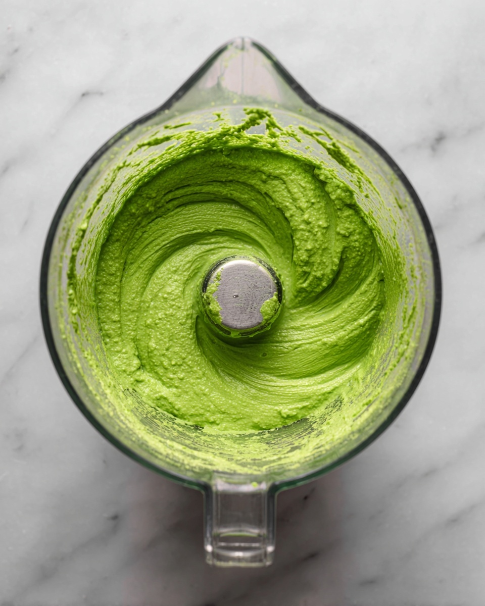 A clear glass blender jug is shown from above, containing a thick, bright green paste with a slightly coarse texture. The green mix sticks to the sides unevenly, leaving visible streaks, while the middle shows a small swirl around the blender blade at the center. The base under the jug is a white marbled surface with soft gray veining. photo taken with an iphone --ar 4:5 --v 7