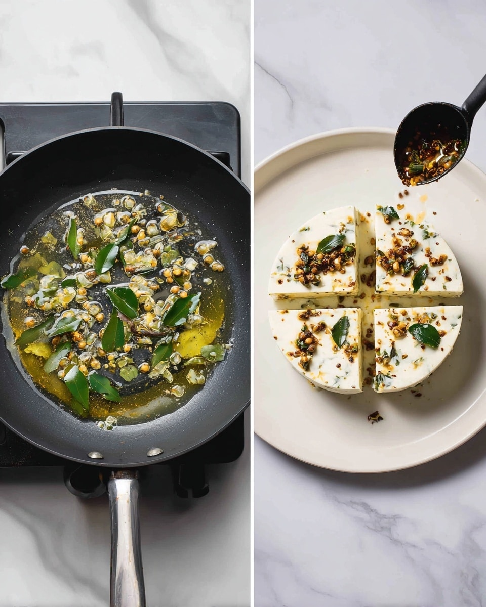 The left image shows a black pan on a gas stove with green curry leaves and pale yellow mustard seeds frying in hot oil, the seeds scattered around and some beginning to brown, with a shiny oily surface reflecting light. The right image shows a white plate on a white marbled surface holding a thick round steamed cake sliced into neat squares, topped with green curry leaves and a sprinkle of browned mustard seeds and spices being spooned from a black vessel above. Photo taken with an iphone --ar 4:5 --v 7