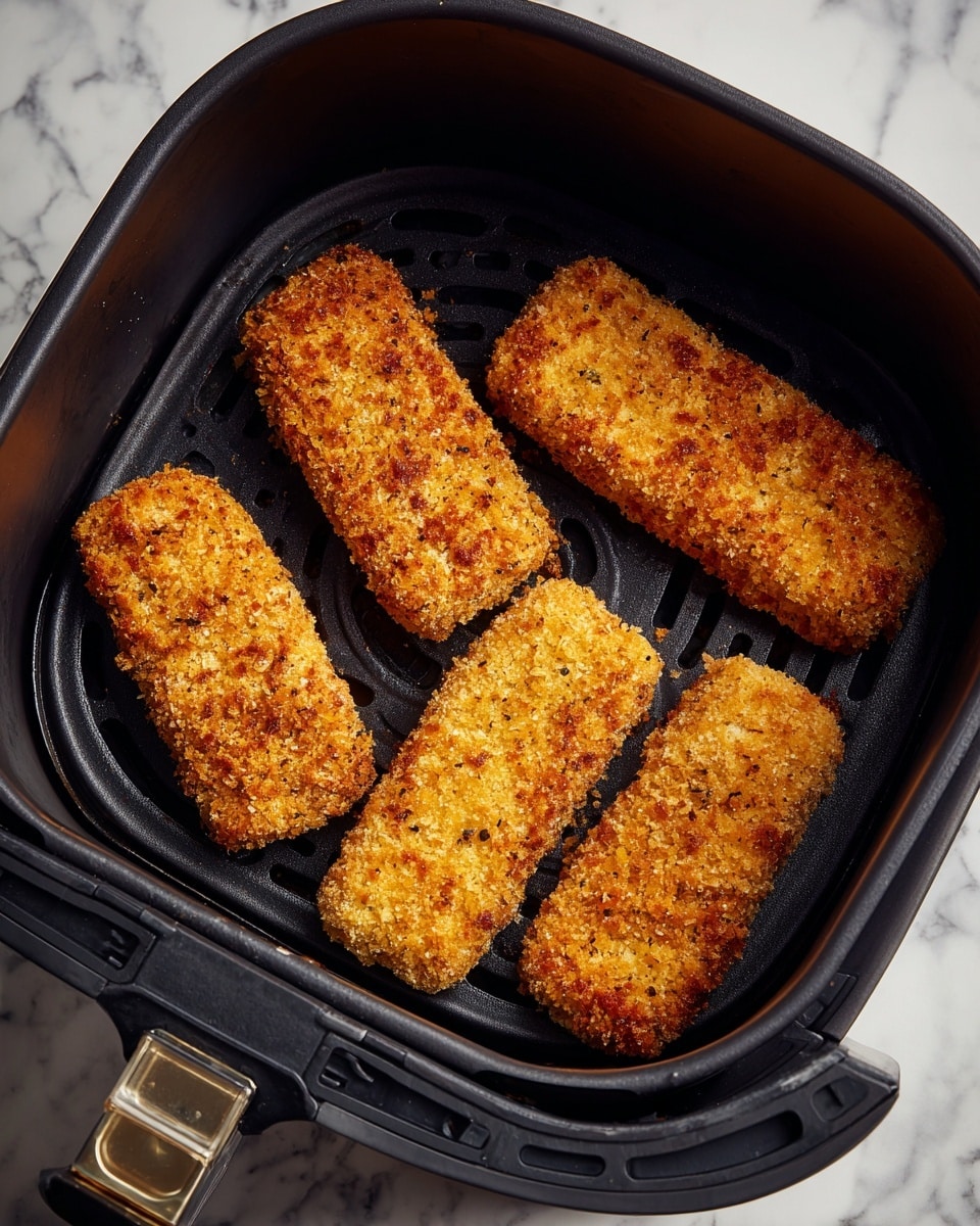 The image shows five pieces of breaded food placed inside a black air fryer basket. The pieces are rectangular and oval with a golden-brown crumb coating, giving them a rough and crunchy texture. They are arranged evenly, with four elongated pieces lying flat and one smaller, rounded piece to the right side. The air fryer basket is inside a gray air fryer appliance that sits on a white marbled surface. The photo has a clear focus on the breaded pieces and the interior of the fryer. photo taken with an iphone --ar 4:5 --v 7