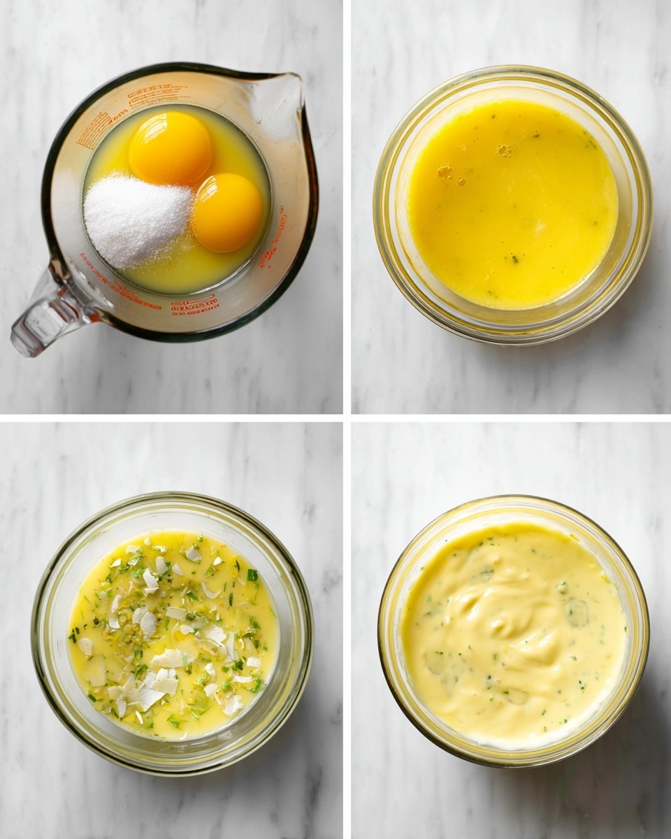 In the first frame, there is a clear glass bowl on a white marbled surface containing two separated dry ingredients: a pale yellow powder on top and a white powder at the bottom. In the second frame, the powders are fully mixed, creating a smooth light yellow mixture that fills the bowl evenly. The third frame shows the same bowl now filled with the light yellow mixture at the bottom, topped with three separate layers: bright yellow corn kernels, chopped green herbs, and orange shredded cheese placed mostly on the right side. In the last frame, all ingredients are mixed together inside the bowl, forming a uniform, creamy textured mixture with visible flecks of yellow corn, green herbs, and orange cheese throughout. photo taken with an iphone --ar 4:5 --v 7