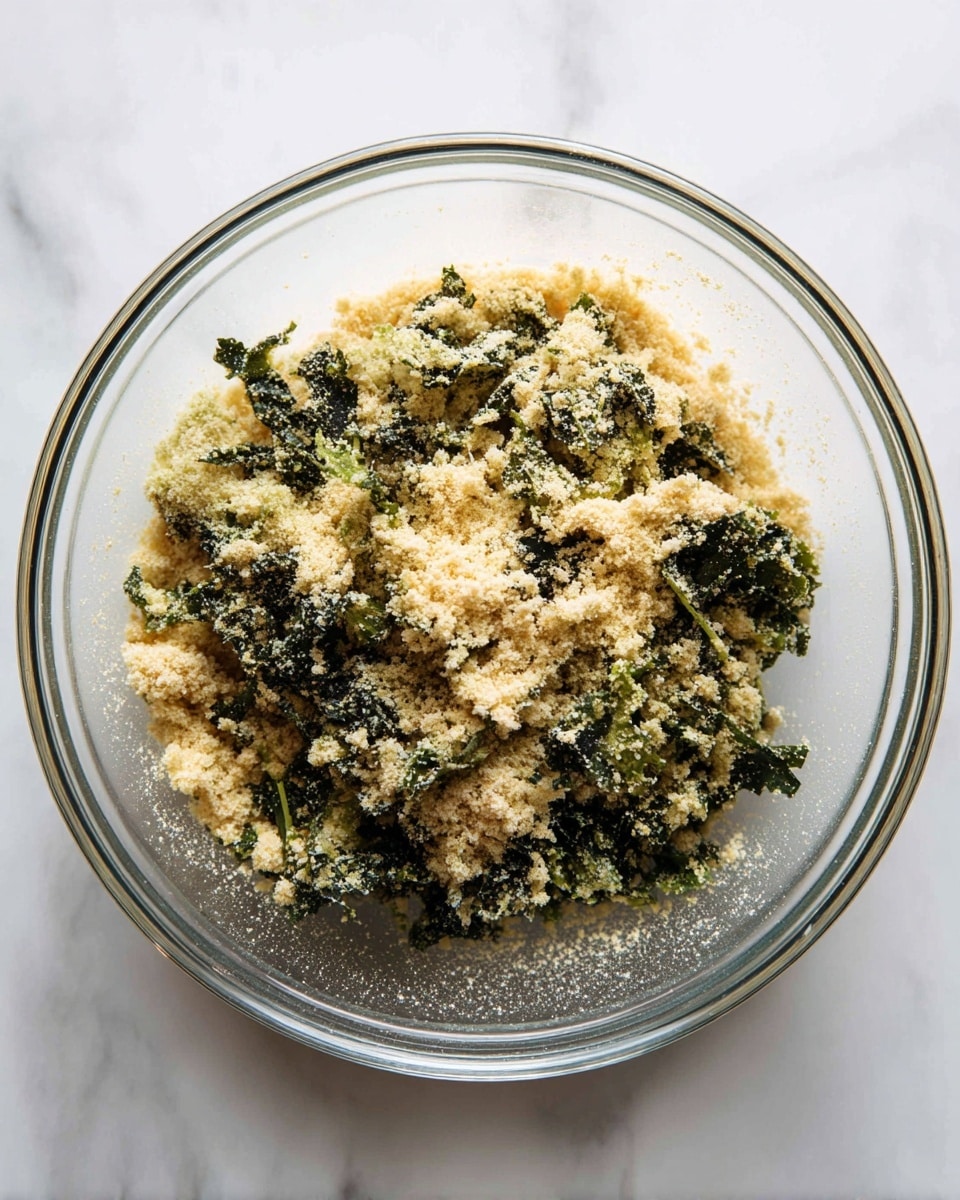 A clear glass bowl contains a mix of torn green leafy vegetables coated in fine, pale yellow powder, creating a textured layer made of leaves and powdered seasoning. The leaves are scattered unevenly with patches of powder clinging to them, showing a mix of dull green and light beige colors. The bowl sits on a white marbled surface, adding subtle contrast to the bowl's contents. Photo taken with an iphone --ar 4:5 --v 7