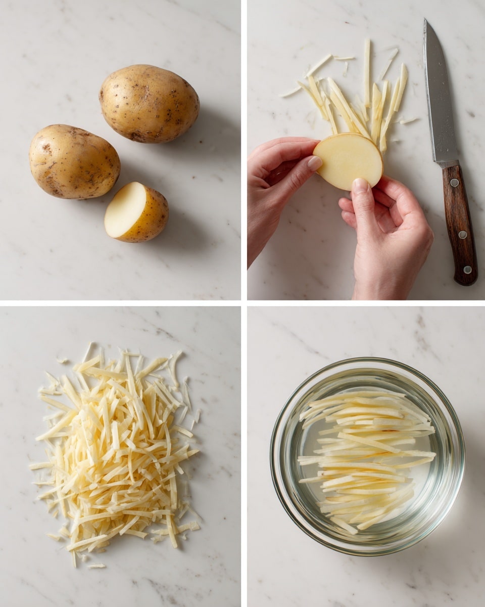 The image is divided into four parts showing the process of preparing potatoes. The first part shows two whole light brown potatoes with rough skin placed on a white marbled surface. The second part shows a woman's hand holding a peeled potato slice with the potato laid out on the white marbled surface, alongside a paring knife. The third part features many thin-peeled potato strips piled up on the white marbled surface, with some potato skin still attached to a few pieces. The fourth part is a transparent round bowl filled with water, containing the potato strips soaking inside, placed on the same white marbled surface. photo taken with an iphone --ar 4:5 --v 7