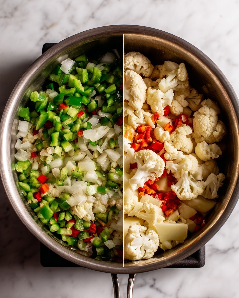 The image shows two side-by-side photos inside a stainless steel pot on a stove with a white marbled surface visible at the edges. The left photo has a mix of chopped green bell peppers, diced white onions, and small pieces of red bell peppers spread evenly across the bottom of the pot. The right photo shows roughly chopped cauliflower florets along with diced white potatoes, and some pieces of green and red bell peppers, all layered together filling the pot. The vegetables have raw textures with fresh colors: white and cream cauliflower, pale yellow potatoes, green and red peppers, and white onions. Photo taken with an iphone --ar 4:5 --v 7