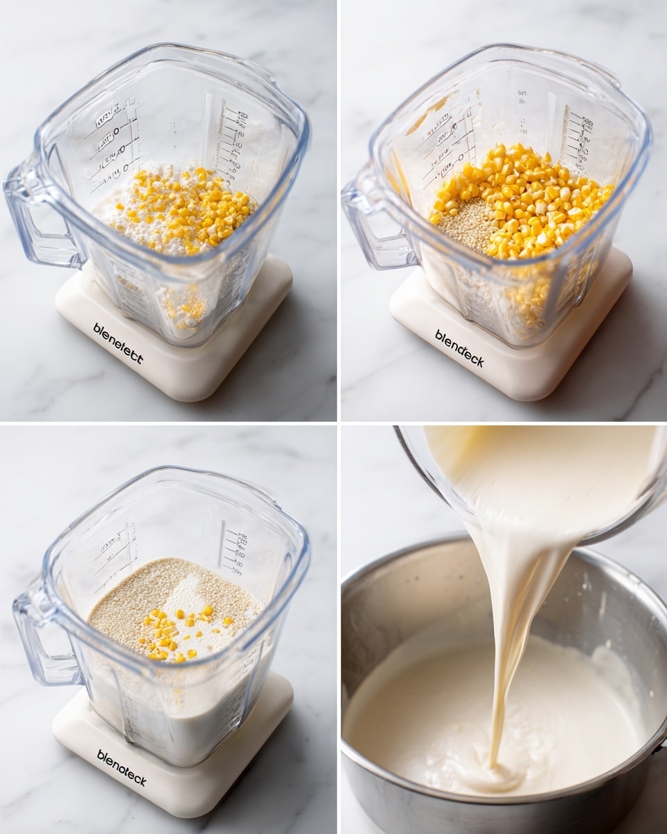 The images show a sequence of blending yellow corn kernels and a grain mixture inside a clear plastic blender container with measurement marks and the word