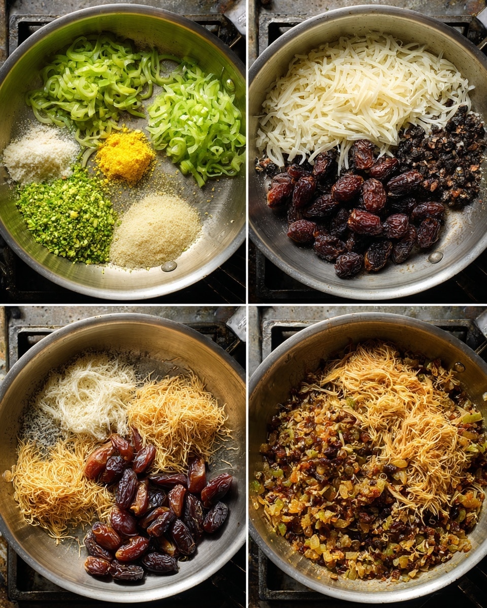 A large metal pan on a stove contains various ingredients in different preparation stages shown in four images. In the first image, there are four groups of ingredients arranged separately: green slivered pieces at the top, white slivered pieces on the right, dark brown whole dates at the bottom, and a small yellow mound in the center. The second image shows these ingredients mixed slightly with some dates turned cut and spread out among the green and white pieces. The third image adds more ingredients: white grated or shredded pieces on the left, dark brown powder above, golden raisins in the middle, and thin light brown strands at the bottom left, all sitting in the pan with the original ones. The fourth image shows all ingredients fully mixed and cooking together in a textured brown and yellow mix with visible dates and white slivered pieces stirred throughout. Photo taken with an iphone --ar 4:5 --v 7