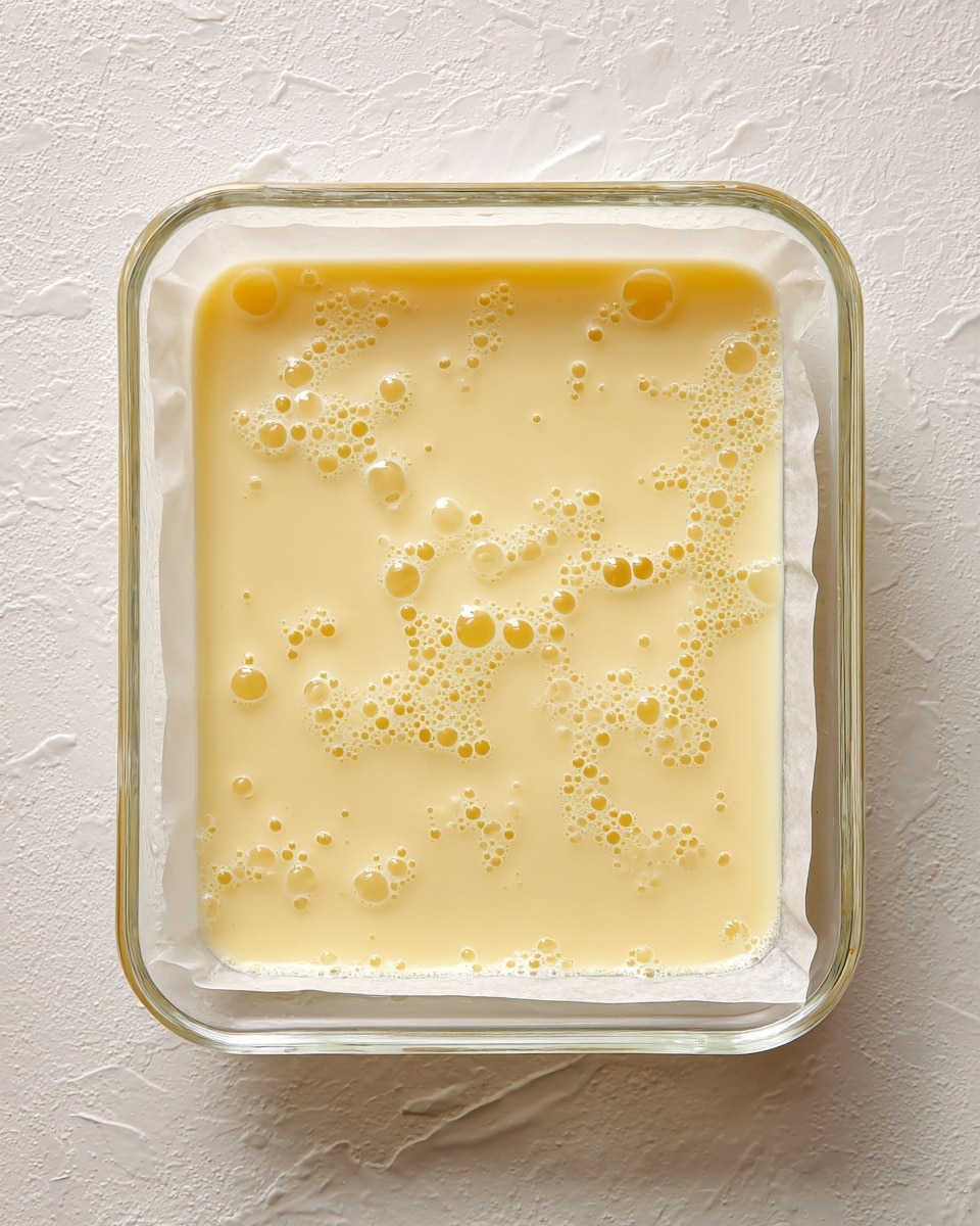 A glass rectangular dish lined with white parchment paper holds a single layer of pale yellow liquid with small bubbles scattered across the surface. The dish is placed on a white marbled textured surface, providing a clean and bright background. The liquid appears smooth and slightly glossy with a few uneven areas where bubbles cluster together. photo taken with an iphone --ar 4:5 --v 7