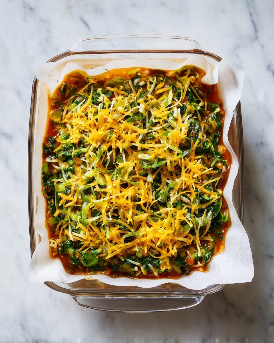 A glass baking dish lined with white parchment paper holds a layered dish seen from above. The bottom layer has a light red sauce, partially visible under a thick green layer of chopped leafy greens spread evenly. On top, there is a bright yellow layer of shredded cheese scattered across the green greens, with some pieces falling unevenly. The dish is set on a white marbled surface. photo taken with an iphone --ar 4:5 --v 7