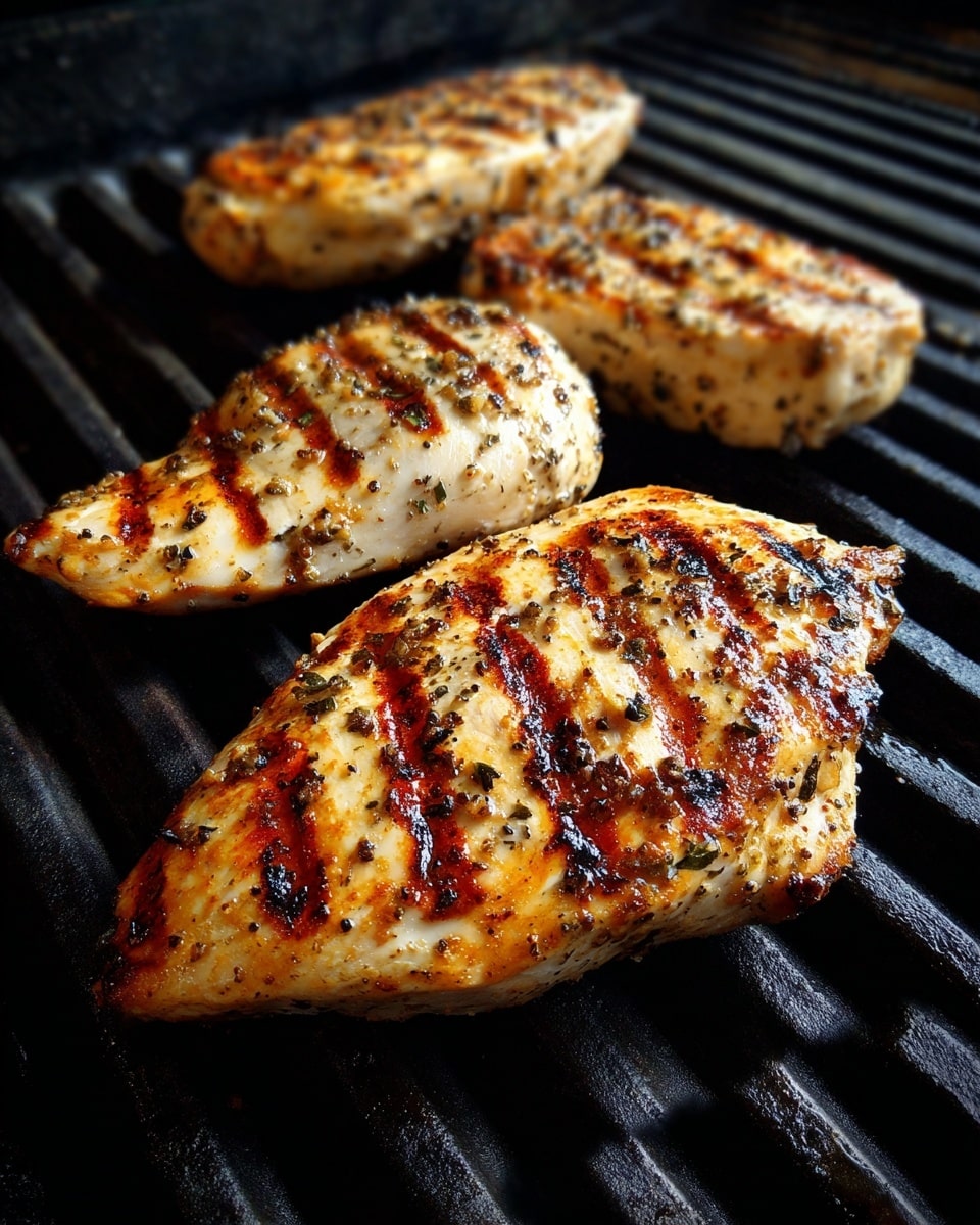 Four pieces of grilled chicken with clear dark grill marks lie on black grill bars. The chicken has a light golden color with specks of black pepper and seasoning visible. Two larger pieces are placed at the top, while two smaller pieces rest below. The background is close up on the grill surface. Photo taken with an iphone --ar 4:5 --v 7