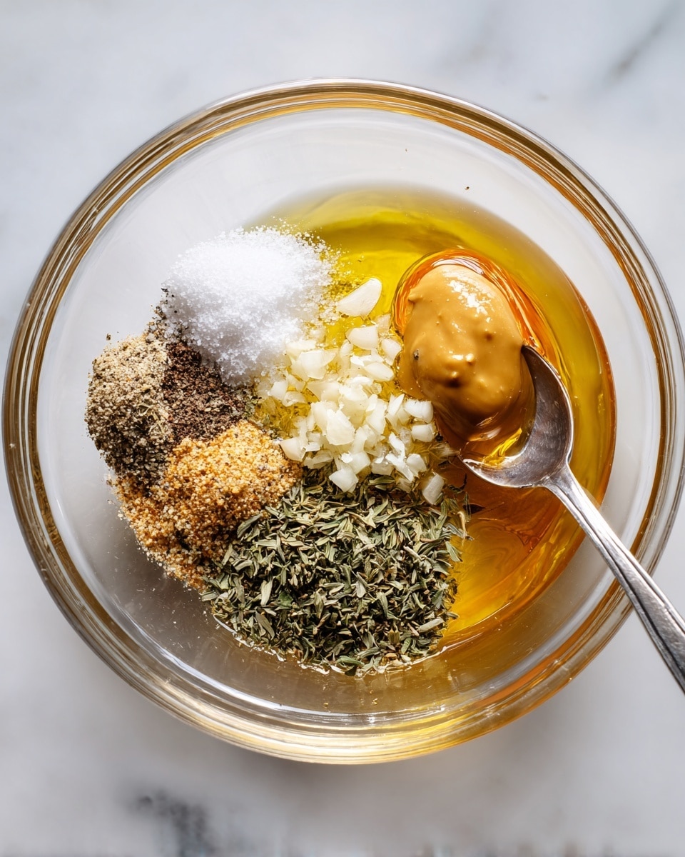 A clear glass bowl placed on a white marbled surface holds several ingredients arranged in separate small piles and pools. There is a light brown mustard dollop on the right side, slightly raised by a spoon. Surrounding the mustard, there is a transparent golden liquid covering the bottom of the bowl. Near the mustard, a bright orange spot peeks through the liquid. On the left side, a white granulated pile, likely sugar or salt, sits below a small heap of finely chopped pale garlic. Above these, there is a tiny mound of dark ground pepper. At the bottom left, a generous pile of mixed dried herbs adds a textured green and brown contrast in the bowl. The overall look is fresh and ready to be mixed. Photo taken with an iphone --ar 4:5 --v 7