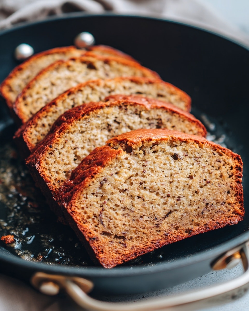 Five slices of light brown banana bread with visible small dark specks are placed flat inside a black frying pan. The bread has a soft texture with a golden-brown crust. The pan has traces of melted butter or oil around the bread slices, showing a shiny, slightly bubbly surface. The pan handles and metal rivets are visible on the edges. The background is softly blurred. Photo taken with an iphone --ar 4:5 --v 7