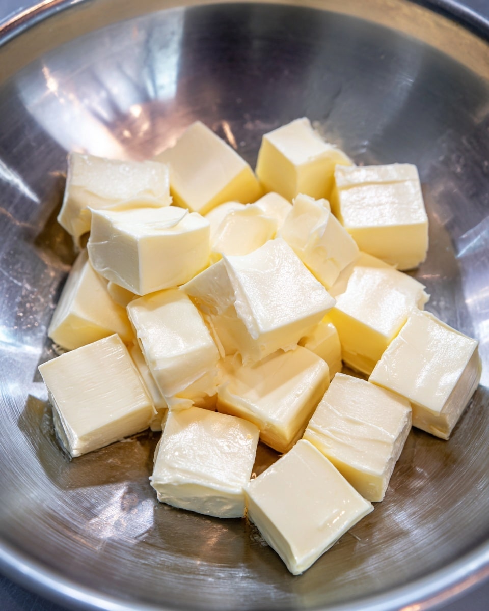 The image shows a shiny silver pan containing 15 small square pieces of pale yellow butter spread out evenly inside. The butter pieces have smooth, flat surfaces and sharp edges, arranged loosely in a single layer on the metal pan base. The pan's interior is clean and reflective with a soft metallic texture. photo taken with an iphone --ar 4:5 --v 7