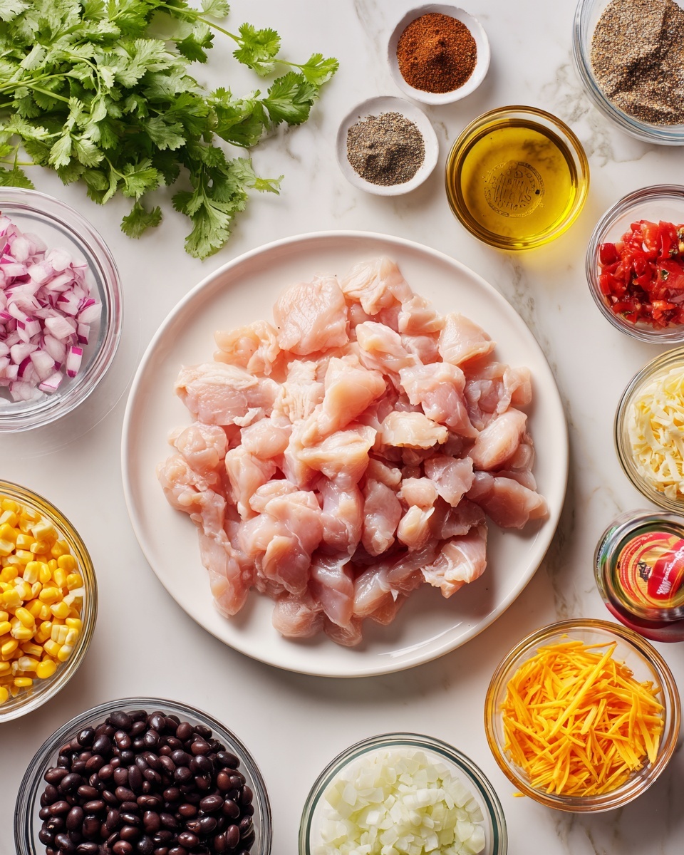 A white plate sits in the center with many pieces of light pink raw chicken arranged piled up. Around the plate, there are small glass bowls and containers forming a loose circle on a white marbled surface. Starting from the top left and moving clockwise, there are fresh green cilantro leaves, a small round glass bowl filled with dark brown spice powder, clear jars with black pepper and white salt, a small canned container with red diced tomatoes, a small glass jar with yellow oil, a bowl of yellow corn mixed with black beans, a bowl of finely chopped white onions, a bowl of white shredded cheese, and a bowl of orange shredded cheese. To the left of the chicken plate is also a small glass bowl filled with shiny black beans. photo taken with an iphone --ar 4:5 --v 7