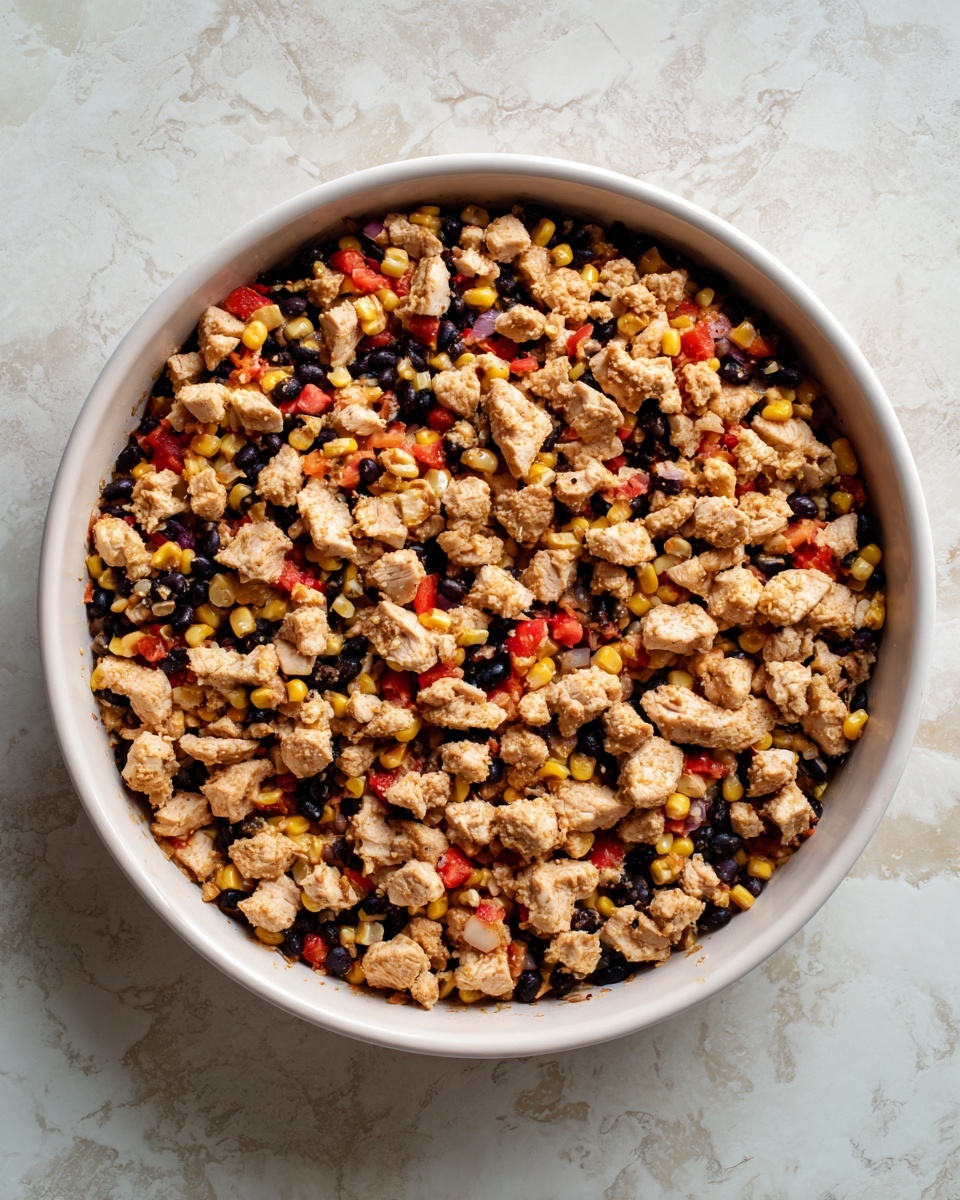 A white round deep pan filled with a colorful layered dish is shown from above, placed on a white marbled surface. The bottom layer has a mix of black beans, yellow corn, red bell pepper pieces, and small light brown onion bits, creating a rich, textured base with a combination of black, yellow, red, and light brown colors. On top of this base, many small, light golden pieces of cooked chicken are spread evenly, slightly browned with a soft texture. The dish looks warm and fresh, with clearly separated layers of vegetables and chicken. photo taken with an iphone --ar 4:5 --v 7