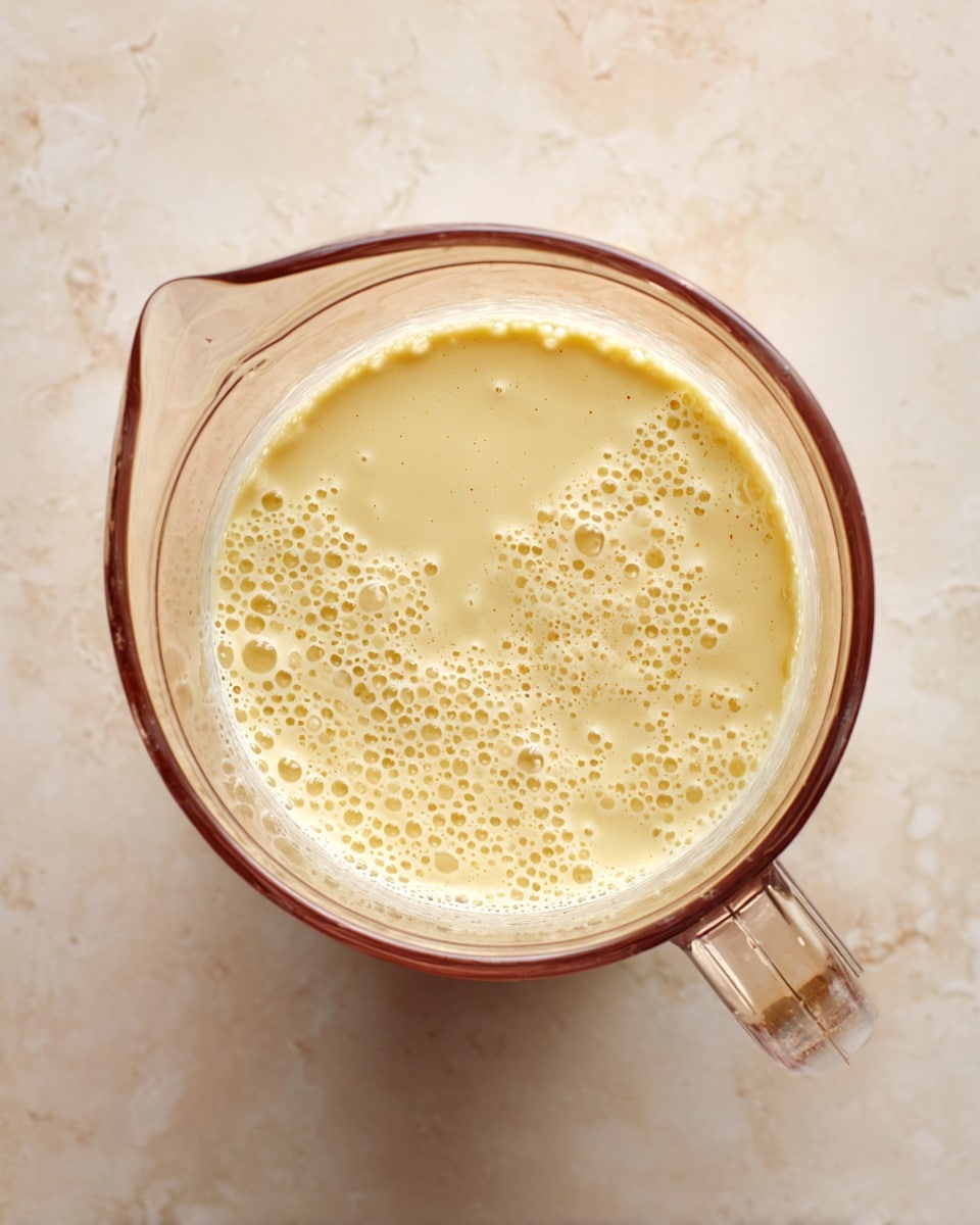 A clear blender container is filled with a smooth, pale yellow batter that has small bubbles on the surface. The container has a light brown handle on the right side and is placed on a white marbled texture background. The batter appears creamy with a consistent texture and fills about half of the blender container. photo taken with an iphone --ar 4:5 --v 7