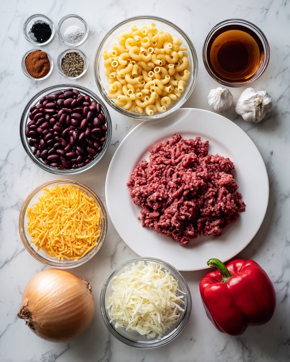 A white plate with raw ground beef is placed at the center on a white marbled surface. Surrounding it are clear glass bowls filled with different ingredients: dark red kidney beans, yellow elbow macaroni pasta, shredded cheddar cheese, and brown seasoning powder. To the left of the plate, there is a whole onion, and above it, small containers of black pepper, salt, and a dark liquid, likely soy sauce. On the right side, a whole red bell pepper stands out next to a clear glass cup with a brown liquid, two small cans of tomato sauce, and a whole garlic bulb. The overall arrangement is neat and bright, showing fresh and colorful ingredients ready for cooking. Photo taken with an iphone --ar 4:5 --v 7