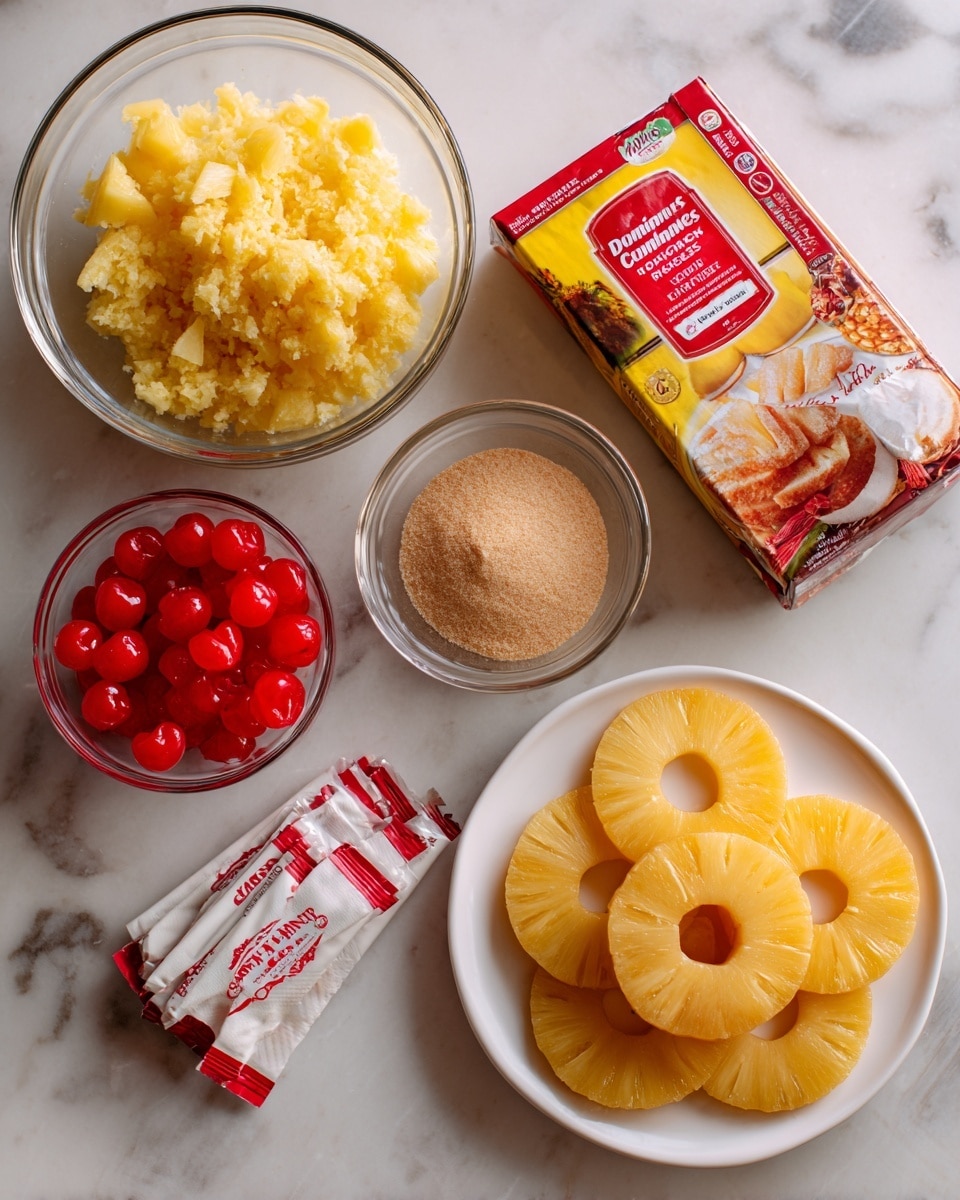 The image shows ingredients for making a yellow cake dessert arranged on a white marbled surface. There is a clear glass bowl with crushed pineapple on the top left, a red and yellow Duncan Hines Classic Yellow cake mix box in the center, and a smaller clear glass bowl with light brown sugar on the top right. Below the pineapple bowl, there is a small white bowl filled with bright red maraschino cherries. Two sticks of white butter with red and yellow wrappers lie side by side near the center. On the right side, a white plate holds nine yellow pineapple rings arranged in a circular layer. photo taken with an iphone --ar 4:5 --v 7