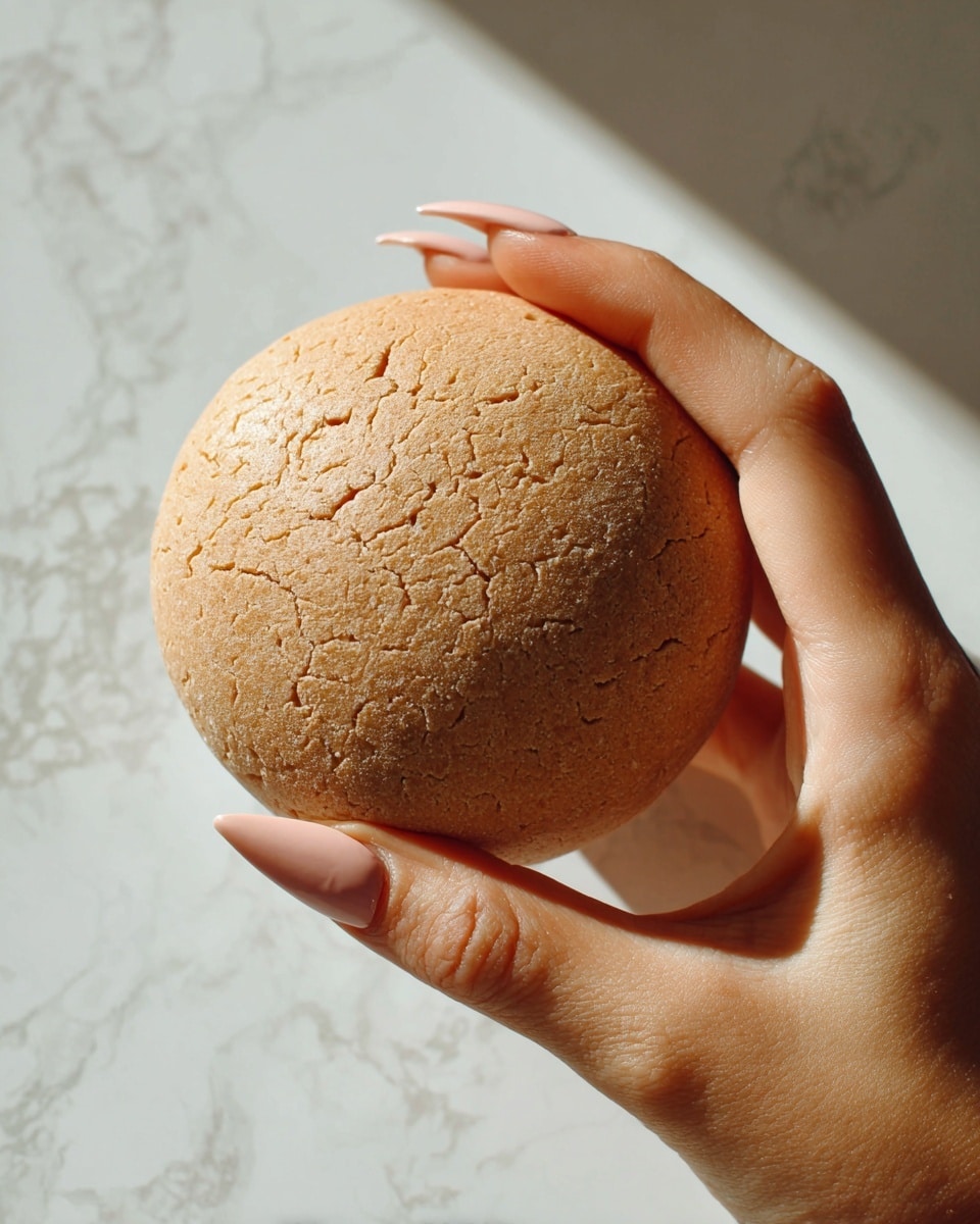 A close-up view of a smooth, round ball of light brown dough held between the thumb and forefinger of a woman's hand with pale pink nails, showing fine texture and small cracks on the dough surface, against a white marbled background. photo taken with an iphone --ar 4:5 --v 7