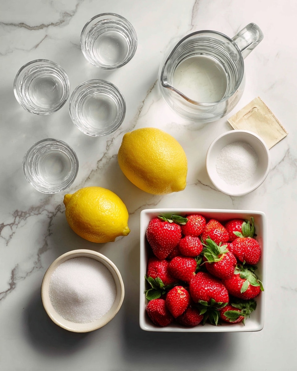 The image shows a white marbled surface with several clear glass containers and ingredients neatly arranged. In the center right, there is a white square bowl filled with bright red strawberries with green leaves. Below it, a whole yellow lemon and a small white bowl are placed next to each other. On the left side, five empty clear glass cups are arranged in a loose cluster, and below them, a clear glass bowl is filled with white granulated sugar. To the right of the center, there is a small clear glass pitcher filled with water, and above it, a light beige packet is lying flat on the surface. photo taken with an iphone --ar 4:5 --v 7