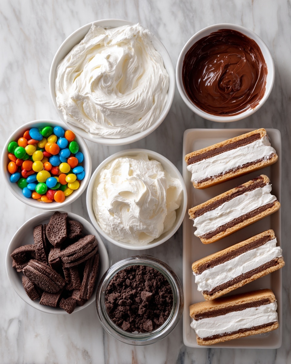 The image shows a rectangular dessert in a white baking dish, sitting on a white marbled surface. It has three visible layers: the bottom is a light-colored crust, the middle is a thick layer of smooth, rich chocolate, and the top layer is a fluffy white cream spread evenly. The cream layer is covered with broken pieces of dark chocolate sandwich cookies scattered all over. The dessert looks creamy and crumbly with contrasting dark and light colors. Photo taken with an iphone --ar 4:5 --v 7