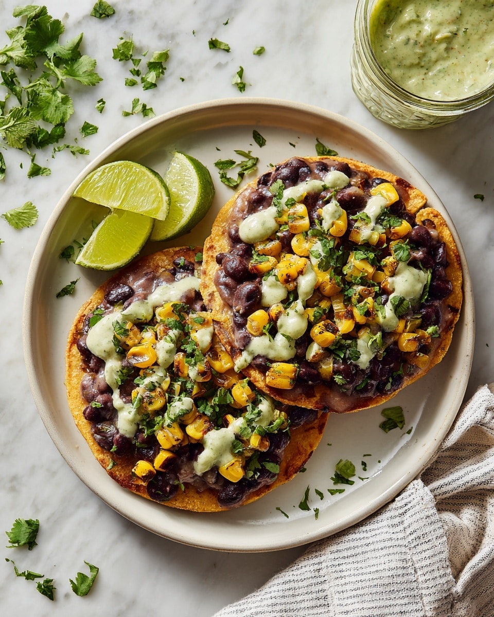 Black Bean Tostadas with Charred Corn and Avocado Cream Recipe