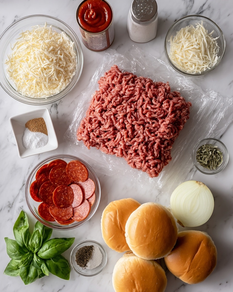 The image shows raw ground beef placed on clear plastic wrap at the center top, surrounded by various ingredients on a white marbled surface. On the left, there is a clear glass bowl filled with shredded white cheese, a small white square dish with light brown garlic powder, and two small glass jars with black pepper and salt. In the middle below the beef, a clear glass bowl contains round red pepperoni slices. To the right, there are four soft, golden sandwich buns stacked in a cluster beside a whole yellow onion and two green basil leaves. A small white square dish with dried oregano is placed near the basil leaves. A can of red tomato sauce is on the top left. photo taken with an iphone --ar 4:5 --v 7
