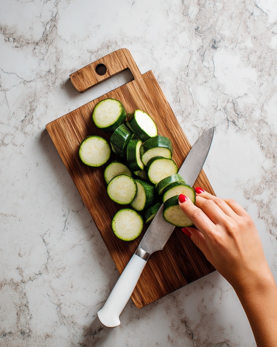 A woman's hand with red nail polish is holding a white-handled knife, slicing a dark green zucchini into even round pieces. The zucchini is placed on a rectangular wooden cutting board with a handle on the left side. The background has a white marbled texture. Photo taken with an iphone --ar 4:5 --v 7