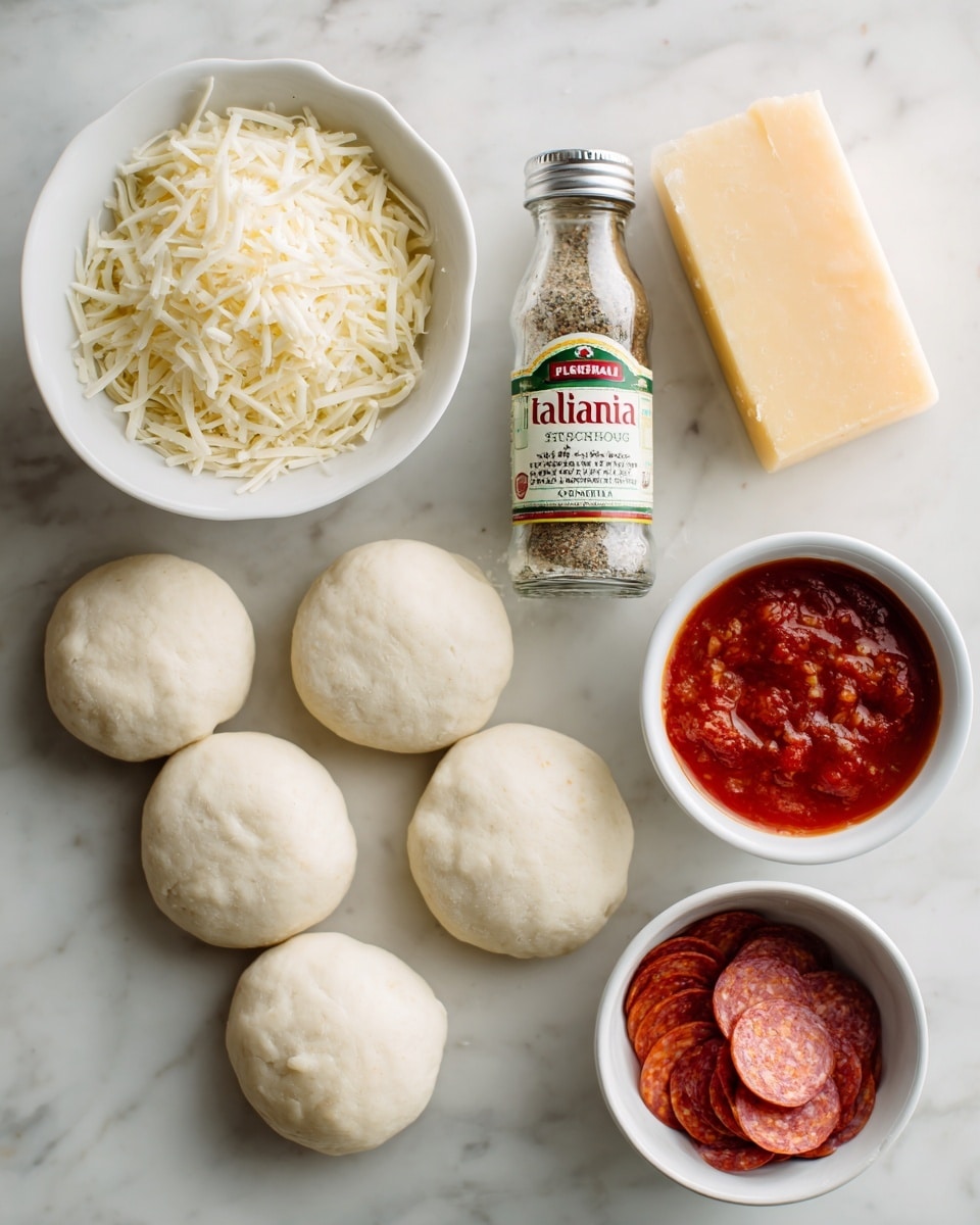 The image shows six small, round dough pieces stacked slightly on a white marbled surface near several small white bowls and a glass bottle. One white bowl holds grated white cheese, another small white bowl has a red sauce with visible tomato pieces, and a third white bowl contains small, square slices of pepperoni. There is a small block of hard yellow cheese above a small bowl filled with grated pale yellow cheese, and a clear glass bottle labeled