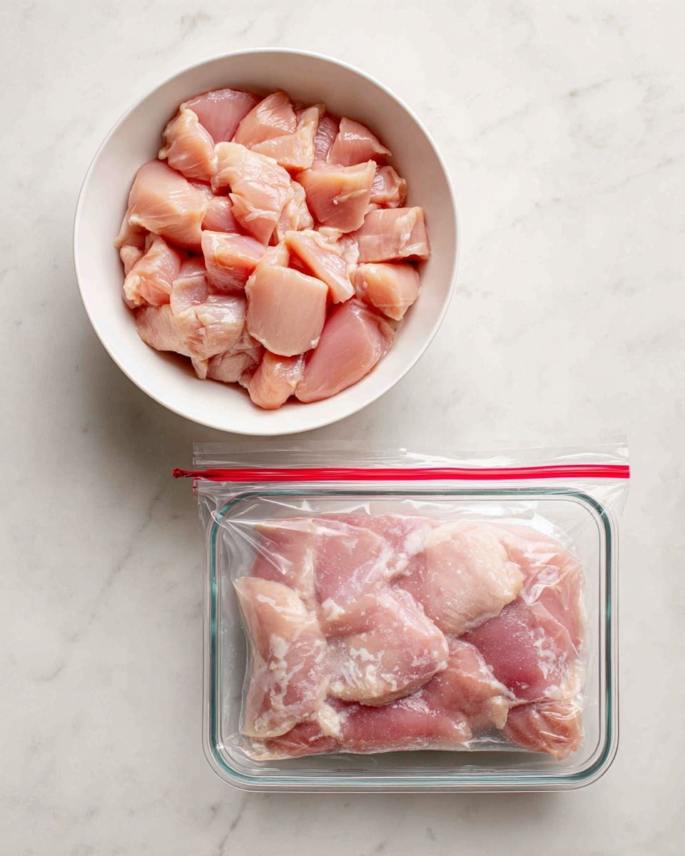 The image shows two parts: on the left, a white bowl filled with many pieces of raw chicken, light pink in color with a smooth and slightly shiny texture, arranged close together within the bowl. On the right, a clear rectangular container holding a clear plastic bag with a red zipper seal, filled with similar pink chicken pieces squished inside the bag. Both items are on a white marbled surface. photo taken with an iphone --ar 4:5 --v 7