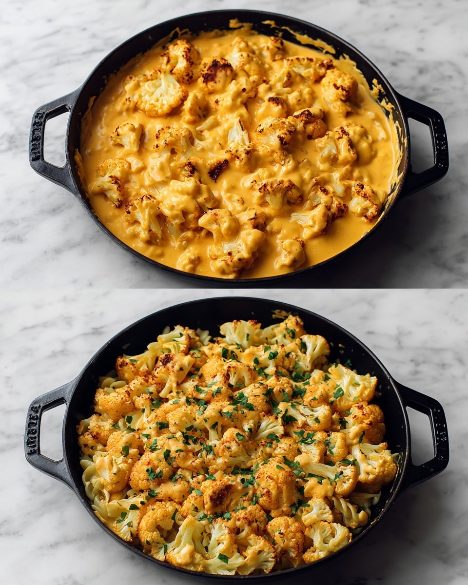 The image shows a black pan filled with a creamy, bright orange cheese sauce topped with pieces of roasted cauliflower that are slightly browned. The pan sits on a white marbled surface. The cheese mixture looks smooth and thick, covering the cauliflower evenly. In the second image, the same pan shows the dish with pasta mixed into the cheese sauce, creating a textured layer of creamy orange pasta with small green herb pieces sprinkled on top. Both images focus on the layered mix of golden orange sauce, white roasted cauliflower, and fresh green herbs in a black pan over a white marbled surface. Photo taken with an iphone --ar 4:5 --v 7