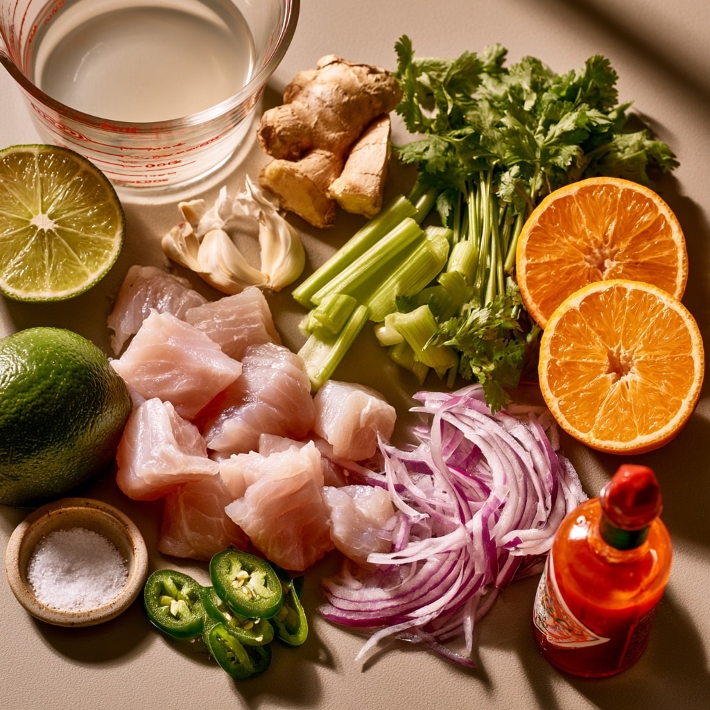 A clear blender pitcher is shown from above, filled with separate chunks of fresh ingredients arranged in sections: green celery pieces on the left, red onion pieces on the top right, small orange slices with green stems next to the onions, chopped garlic and ginger pieces toward the bottom left, and some chopped herbs near the orange slices. A woman's hand pours bright red sauce from a glass bottle into the blender. The blender sits on a white marbled surface. photo taken with an iphone --ar 4:5 --v 7
