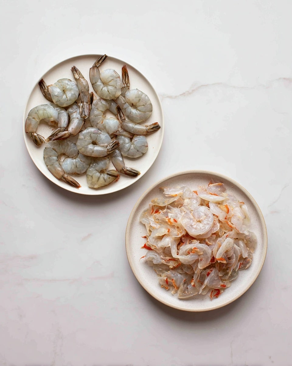 Two round white plates sit side by side on a white marbled surface. The plate on the left is filled with a single layer of raw shrimp that are gray-white with dark brown tails, neatly arranged to form a loose circle. The plate on the right holds a scattered pile of translucent shrimp shells with hints of orange and red from the shrimp heads mixed in, creating a textured, messy look. The contrast between the smooth shrimp and rough shells is clear in the image. Photo taken with an iphone --ar 4:5 --v 7
